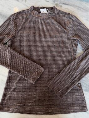 NWT Baltic Born M Joss Velvet Textured Long Sleeve Mock Neck Top Brown Sparkle
